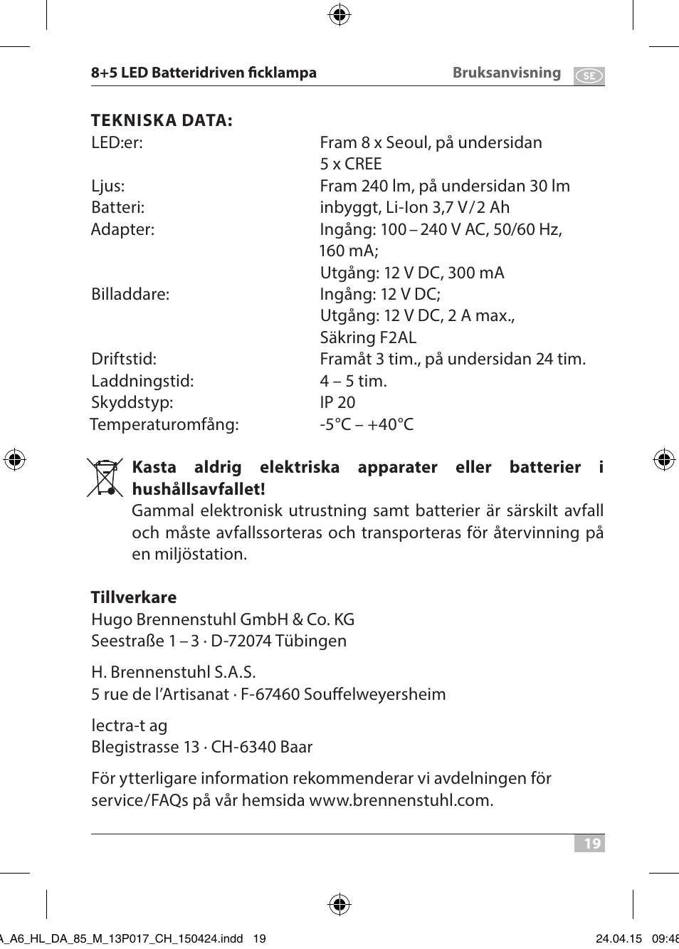 Brennenstuhl 8+5 LED Akku Hand Lamp HL DA 85 M 240lm 6000K 3h User Manual | Page 19 / 52