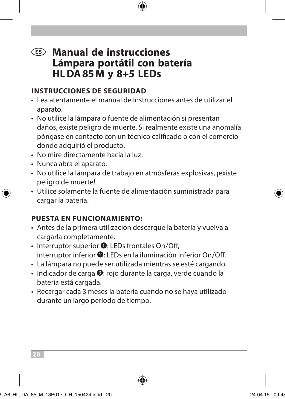 Brennenstuhl 8+5 LED Akku Hand Lamp HL DA 85 M 240lm 6000K 3h User Manual | Page 20 / 52