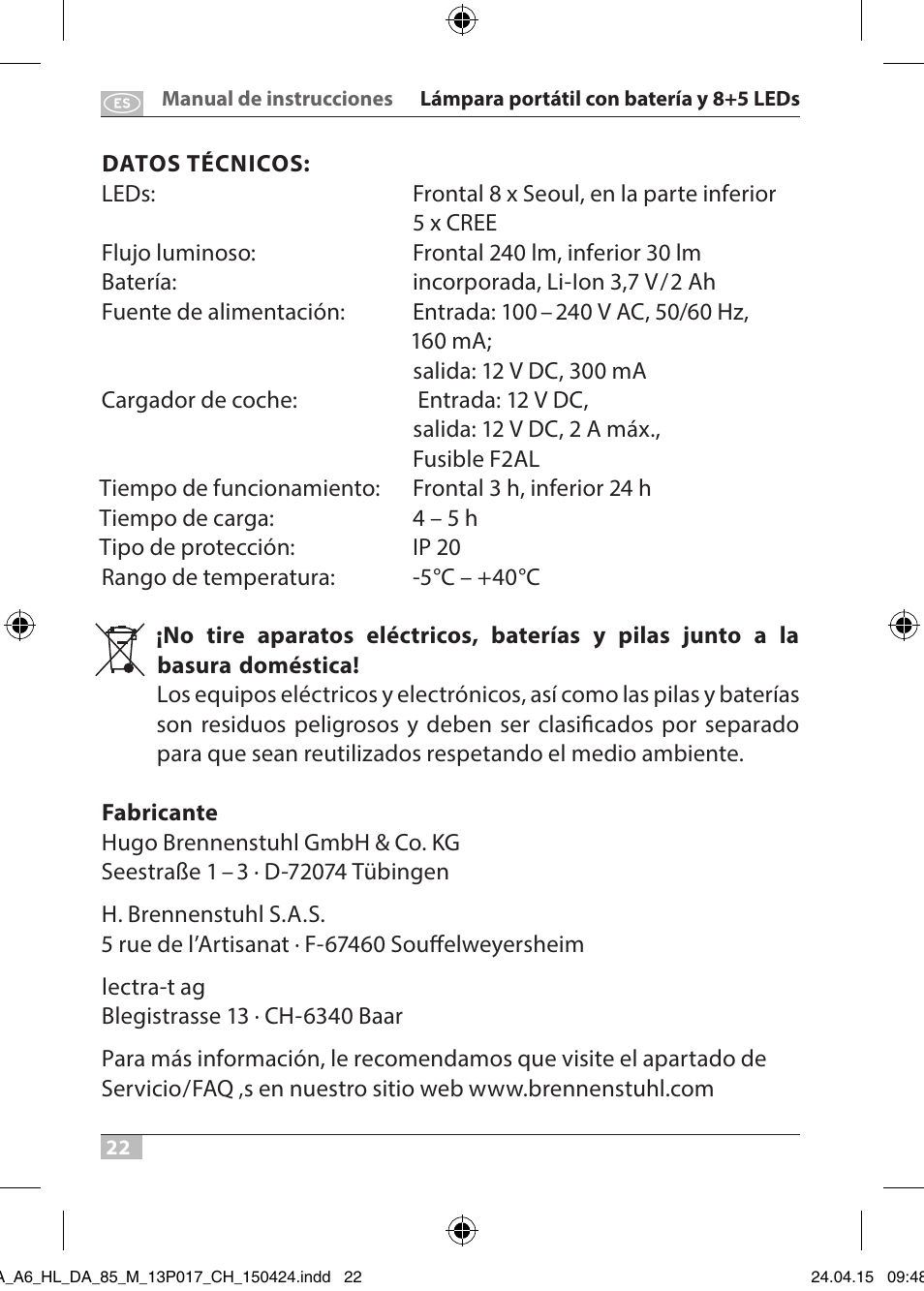 Brennenstuhl 8+5 LED Akku Hand Lamp HL DA 85 M 240lm 6000K 3h User Manual | Page 22 / 52