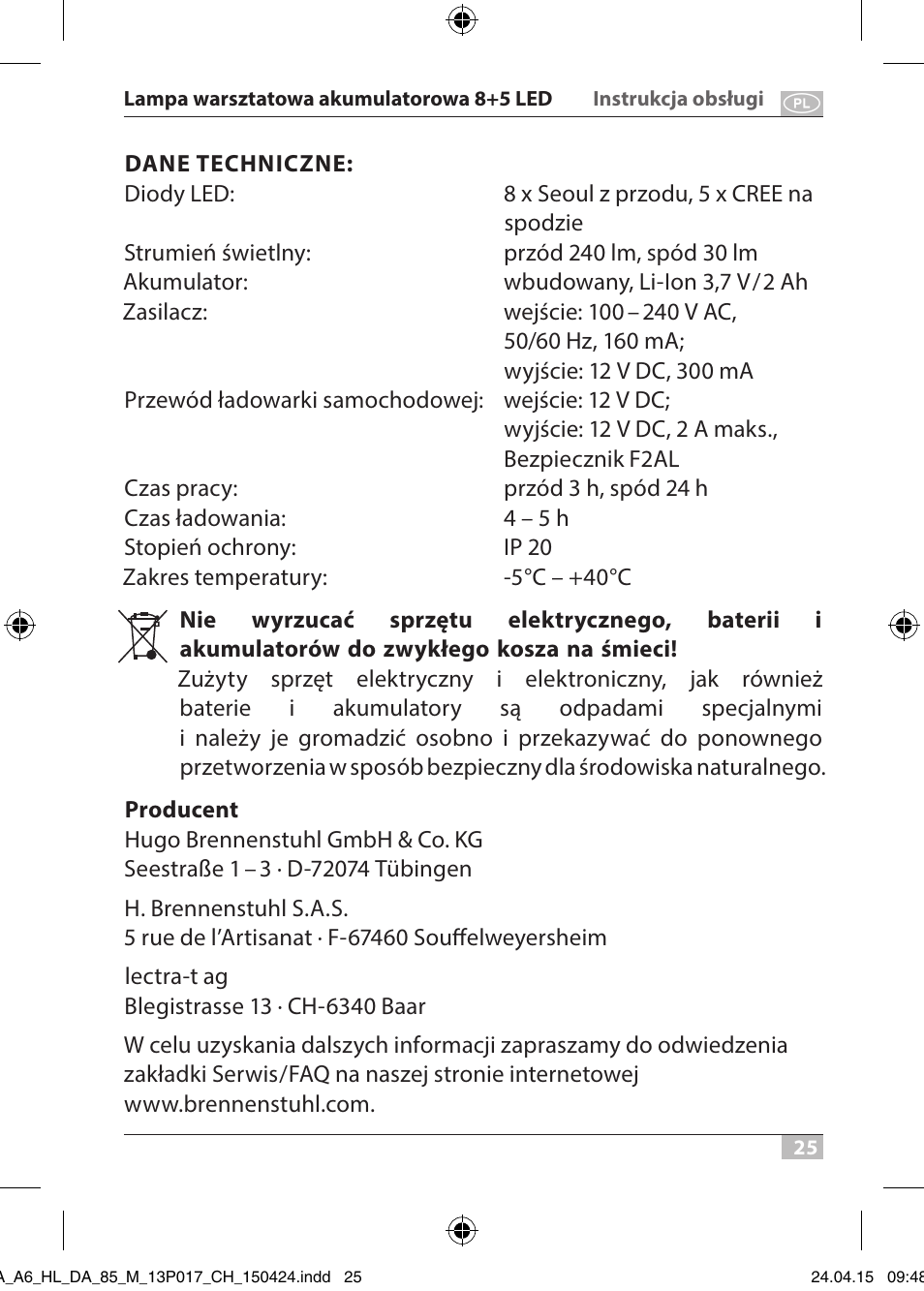 Brennenstuhl 8+5 LED Akku Hand Lamp HL DA 85 M 240lm 6000K 3h User Manual | Page 25 / 52