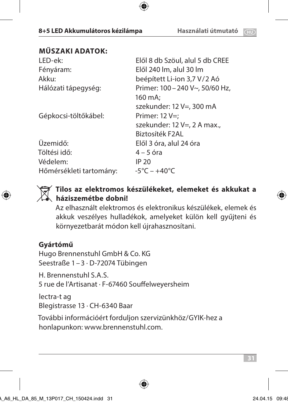Brennenstuhl 8+5 LED Akku Hand Lamp HL DA 85 M 240lm 6000K 3h User Manual | Page 31 / 52