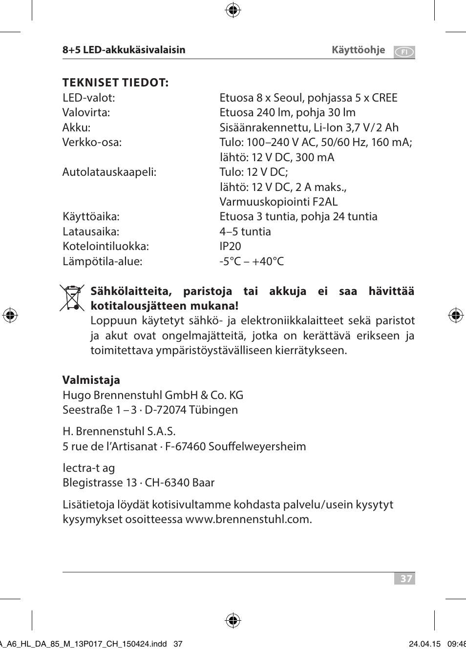 Brennenstuhl 8+5 LED Akku Hand Lamp HL DA 85 M 240lm 6000K 3h User Manual | Page 37 / 52