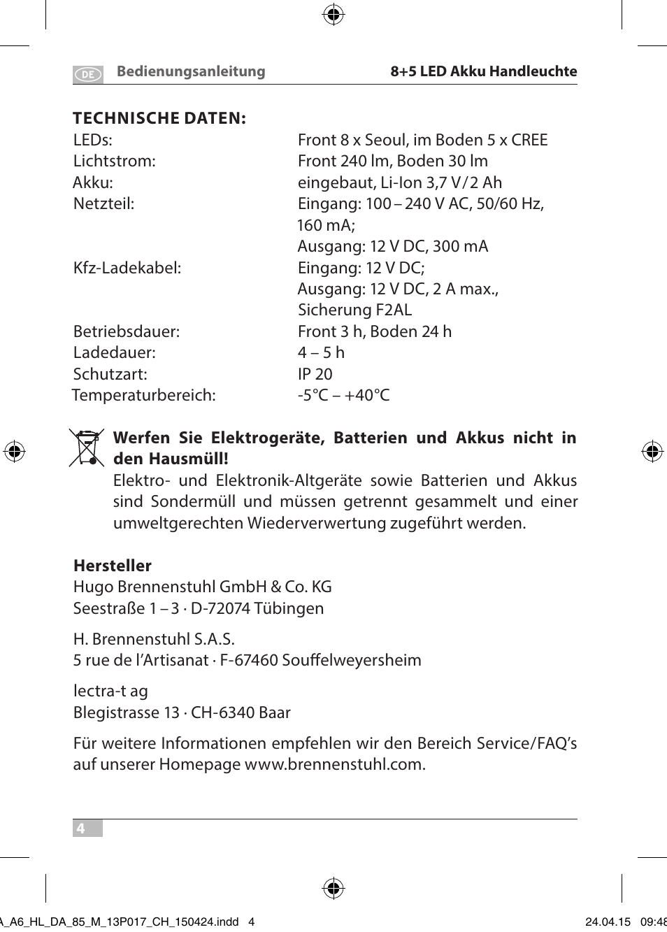 Brennenstuhl 8+5 LED Akku Hand Lamp HL DA 85 M 240lm 6000K 3h User Manual | Page 4 / 52