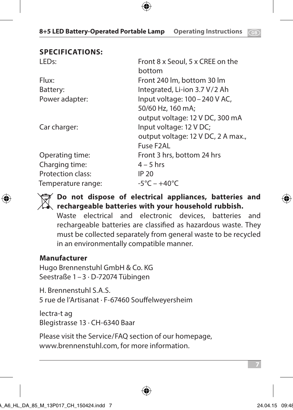 Brennenstuhl 8+5 LED Akku Hand Lamp HL DA 85 M 240lm 6000K 3h User Manual | Page 7 / 52