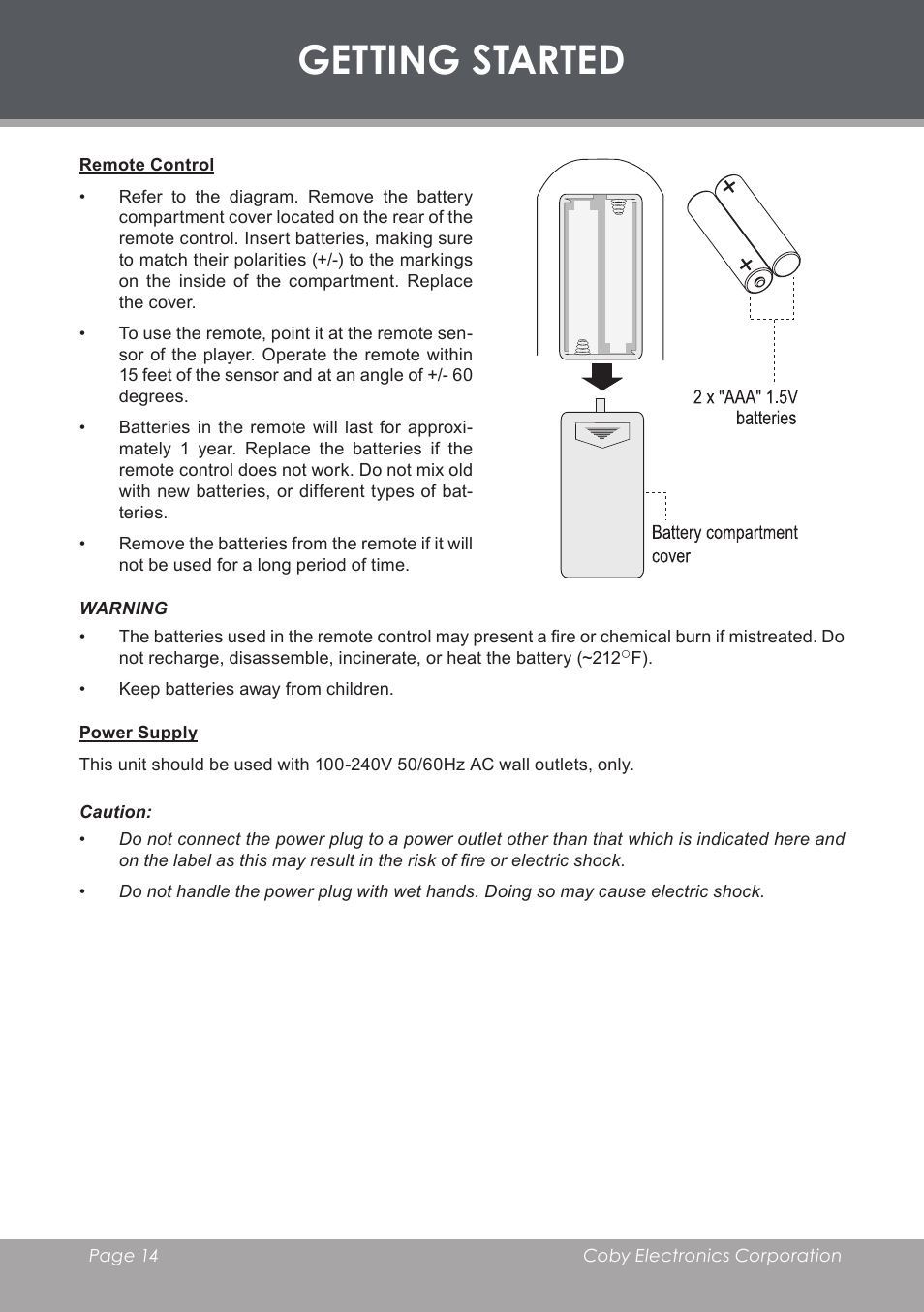 Remote control, Power supply, Getting started | COBY electronic DVD-755 User Manual | Page 14 / 28