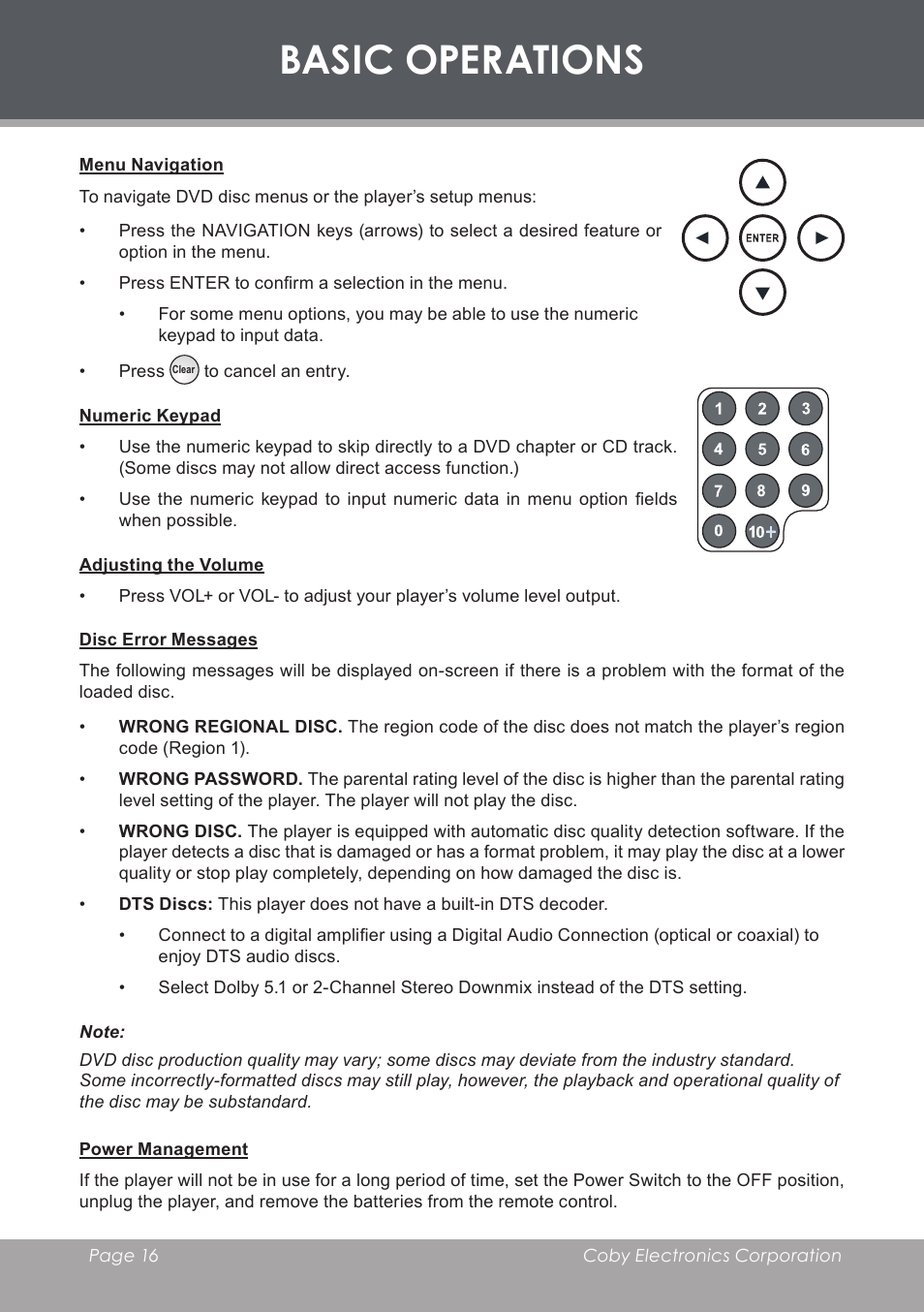 Menu navigation, Numeric keypad, Adjusting the volume | Disc error messages, Power management, Basic operations | COBY electronic DVD-755 User Manual | Page 16 / 28