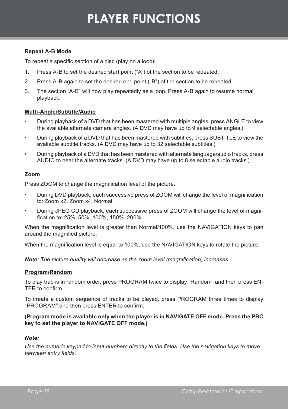 Repeat a-b mode, Multi-angle/subtitle/audio, Zoom | Program/random, Player functions | COBY electronic DVD-755 User Manual | Page 18 / 28