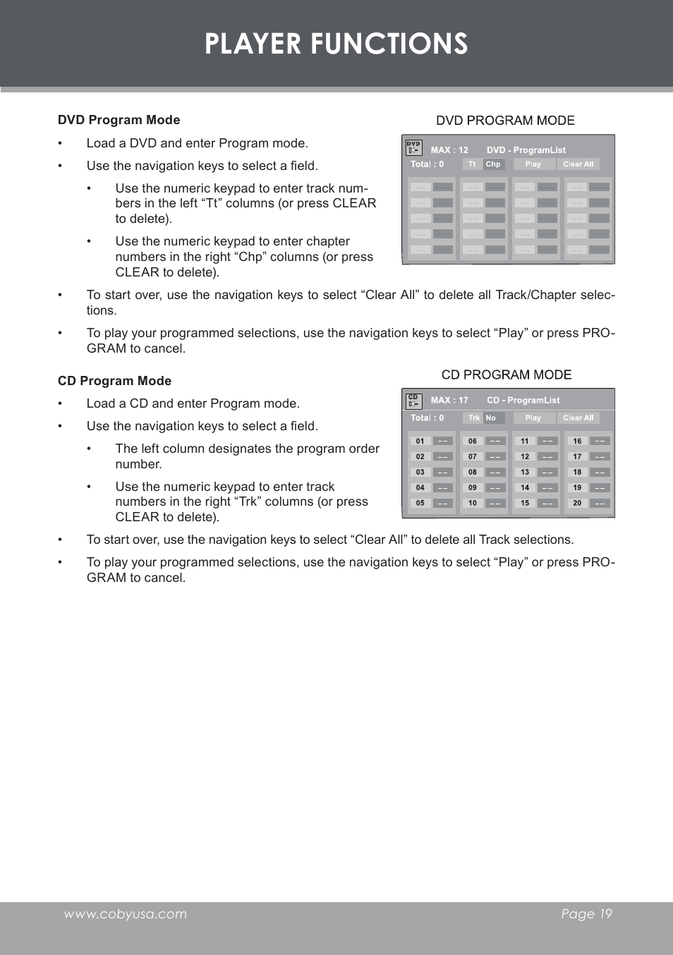 Dvd program mode, Cd program mode, Player functions | COBY electronic DVD-755 User Manual | Page 19 / 28