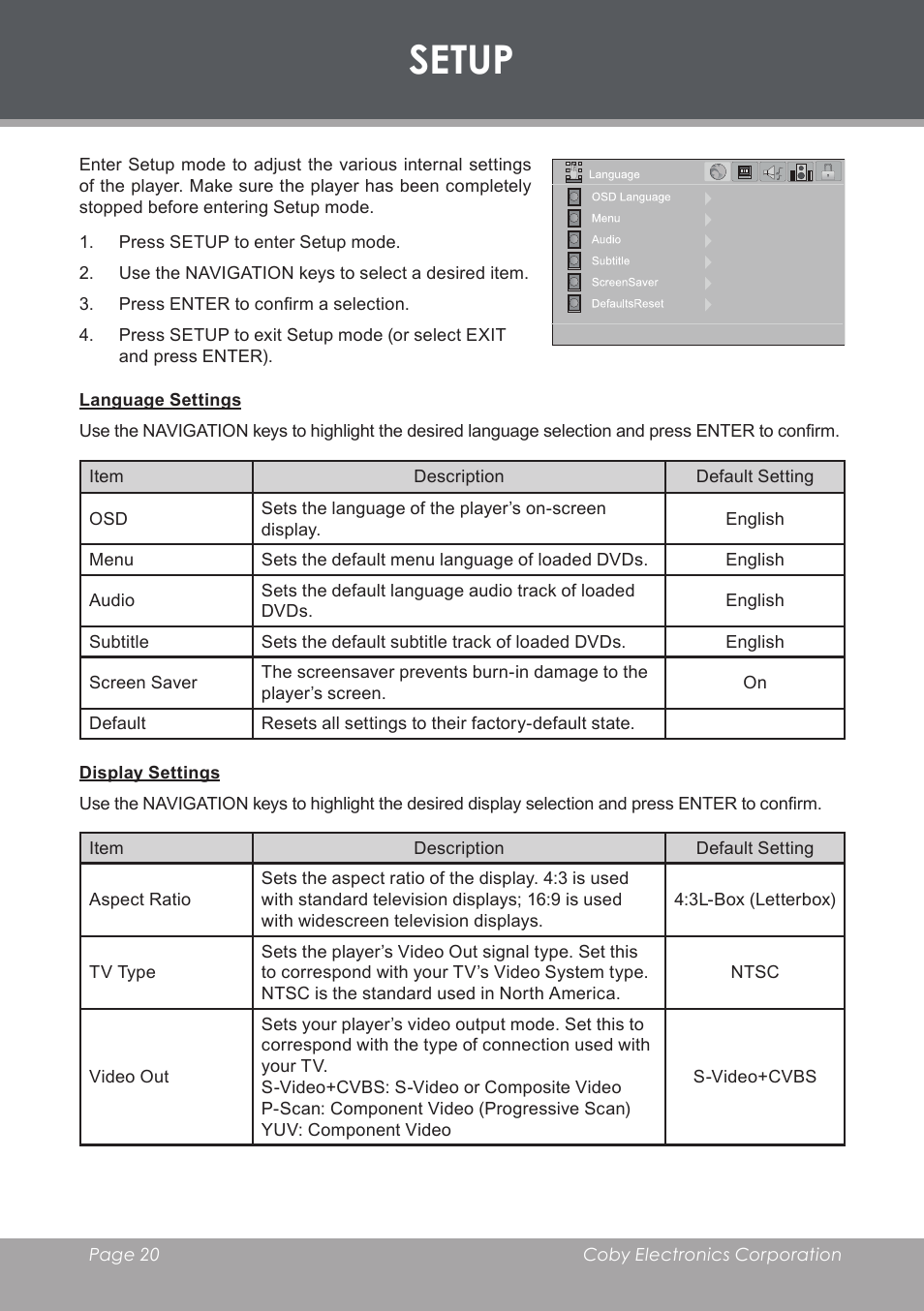 Setup, Language settings, Display settings | COBY electronic DVD-755 User Manual | Page 20 / 28