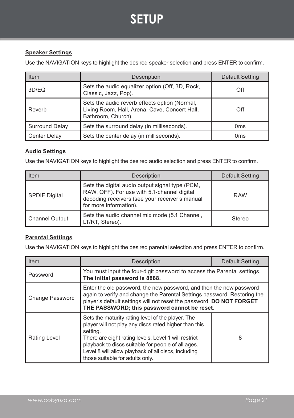Speaker settings, Audio settings, Parental settings | Setup | COBY electronic DVD-755 User Manual | Page 21 / 28