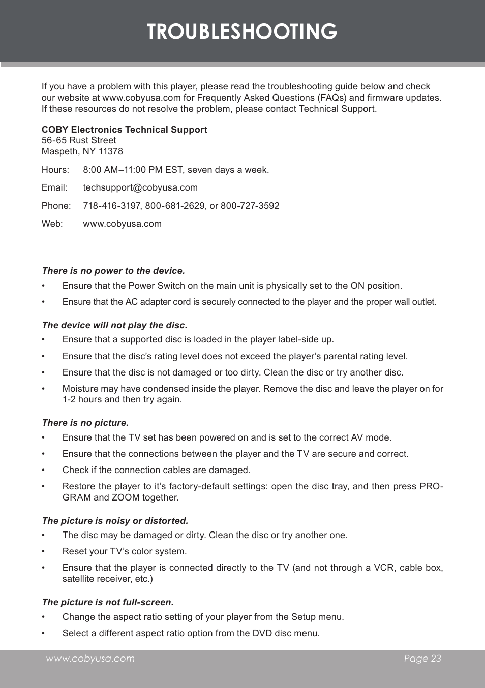 Troubleshooting | COBY electronic DVD-755 User Manual | Page 23 / 28