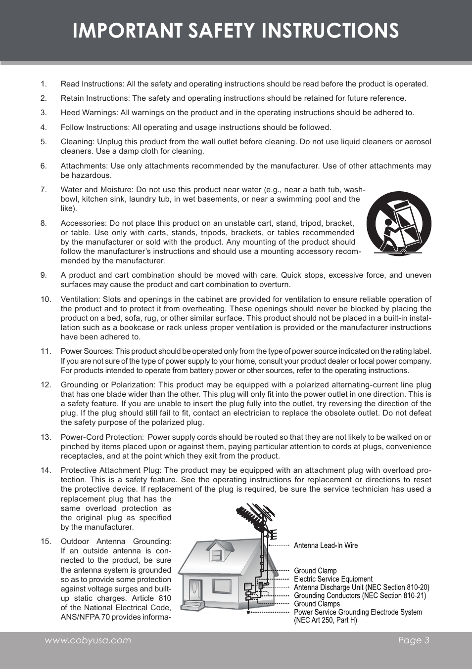 Important safety instructions | COBY electronic DVD-755 User Manual | Page 3 / 28