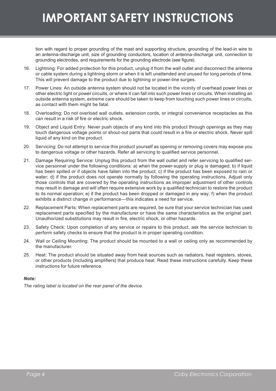Important safety instructions | COBY electronic DVD-755 User Manual | Page 4 / 28