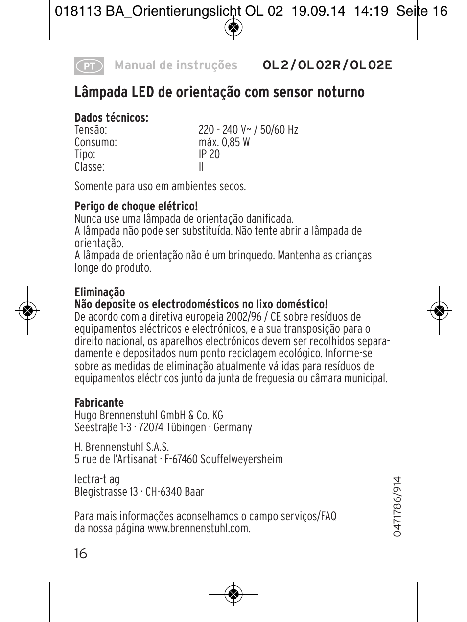 Lâmpada led de orientação com sensor noturno | Brennenstuhl LED Nightlight OL 02R with twilight sensor User Manual | Page 16 / 16