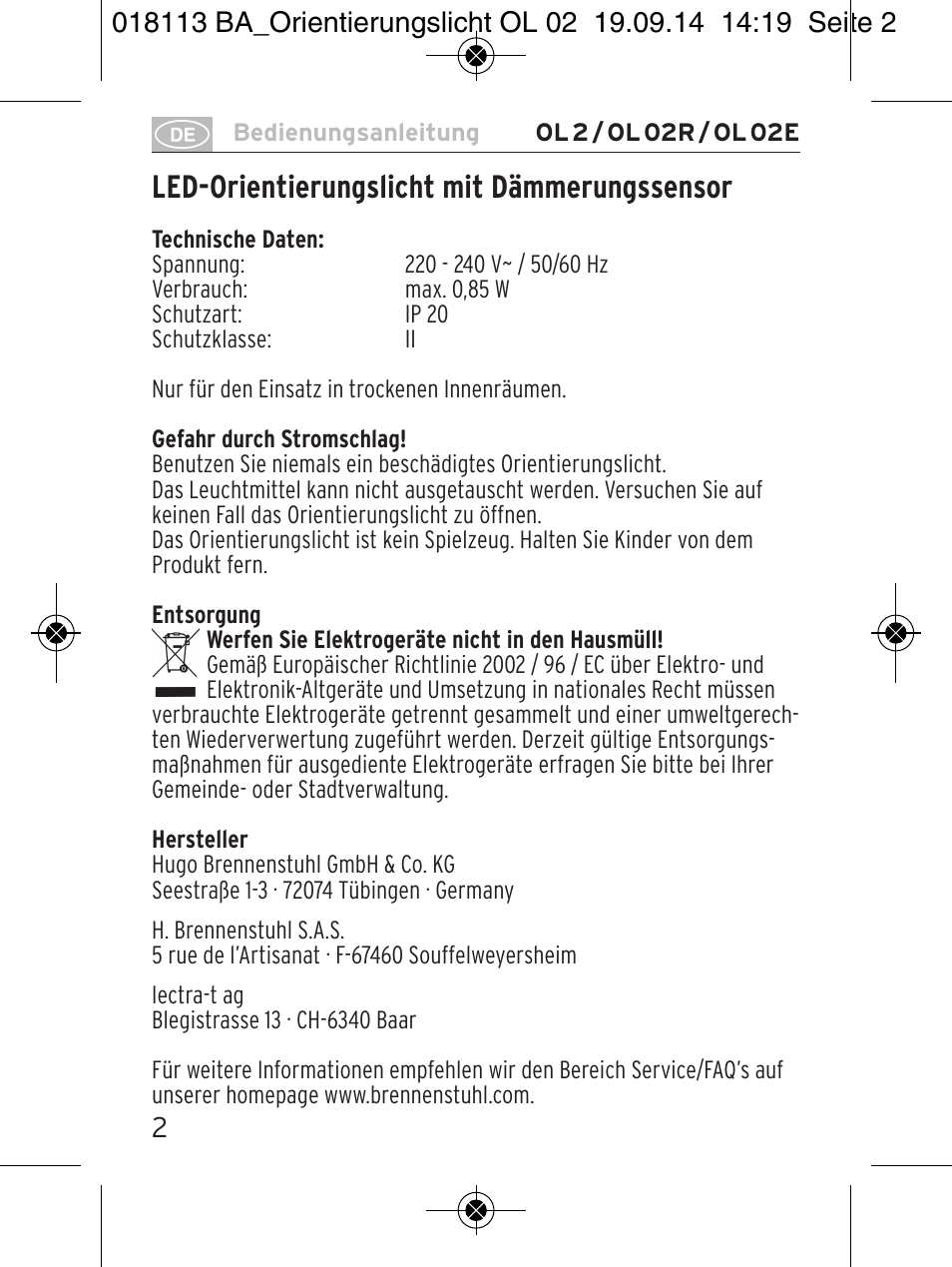 Led-orientierungslicht mit dämmerungssensor | Brennenstuhl LED Nightlight OL 02R with twilight sensor User Manual | Page 2 / 16