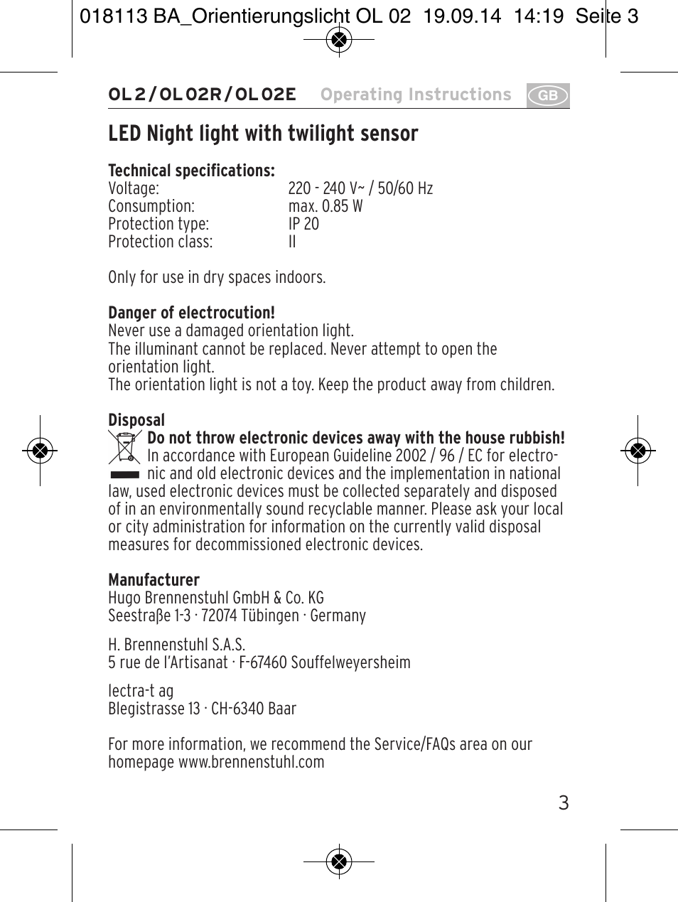 Led night light with twilight sensor | Brennenstuhl LED Nightlight OL 02R with twilight sensor User Manual | Page 3 / 16