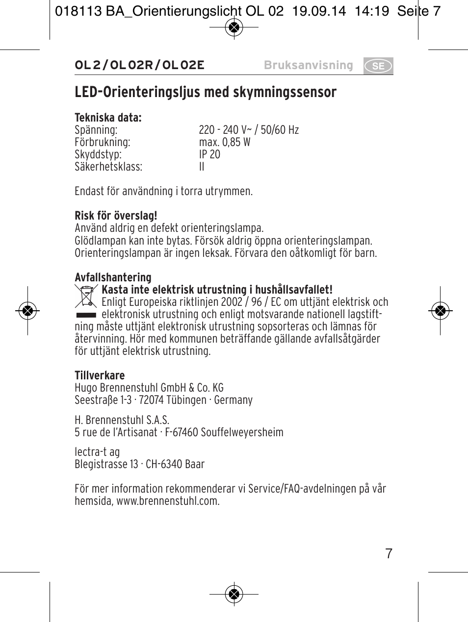 Led-orienteringsljus med skymningssensor | Brennenstuhl LED Nightlight OL 02R with twilight sensor User Manual | Page 7 / 16