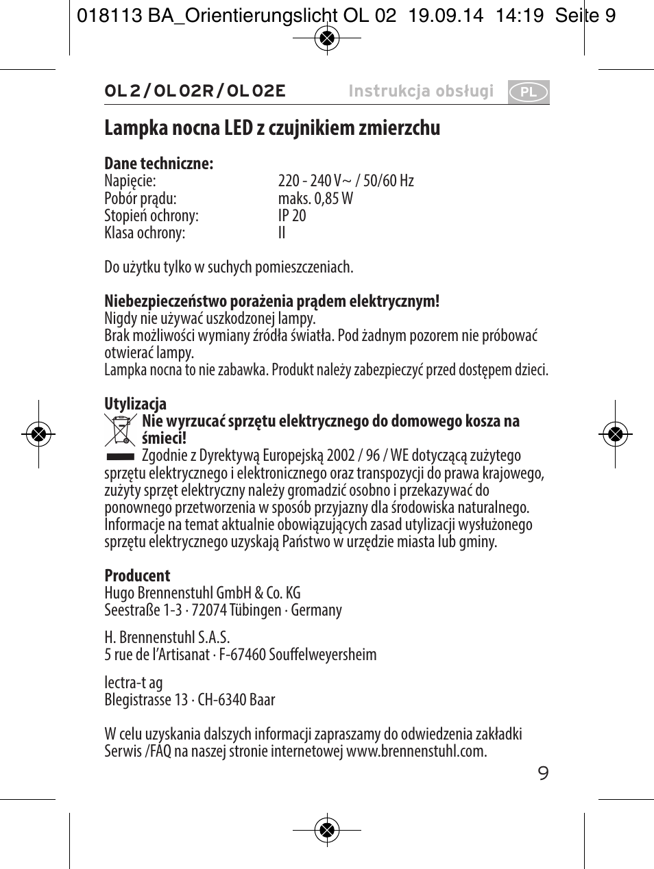 Lampka nocna led z czujnikiem zmierzchu | Brennenstuhl LED Nightlight OL 02R with twilight sensor User Manual | Page 9 / 16