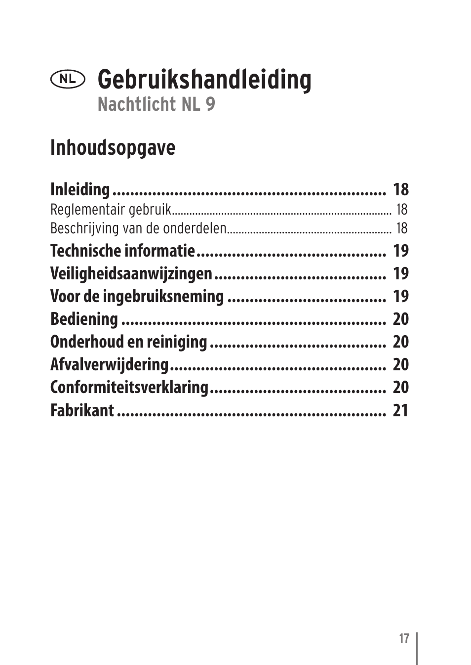 Gebruikshandleiding, Inhoudsopgave | Brennenstuhl LED Nightlight NL 9 with PIR sensor and twilight sensor User Manual | Page 17 / 48