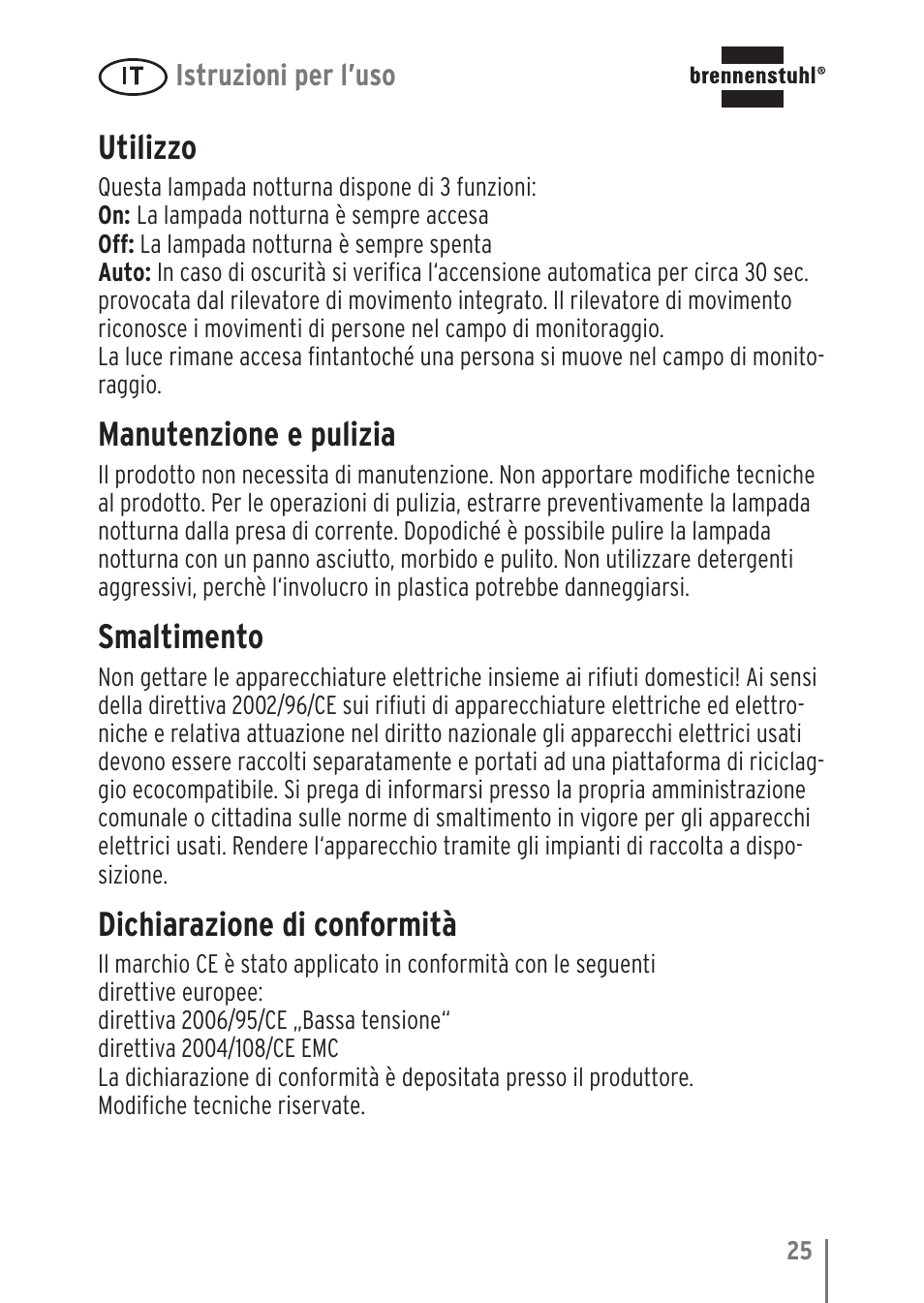 Utilizzo, Manutenzione e pulizia, Smaltimento | Dichiarazione di conformità | Brennenstuhl LED Nightlight NL 9 with PIR sensor and twilight sensor User Manual | Page 25 / 48
