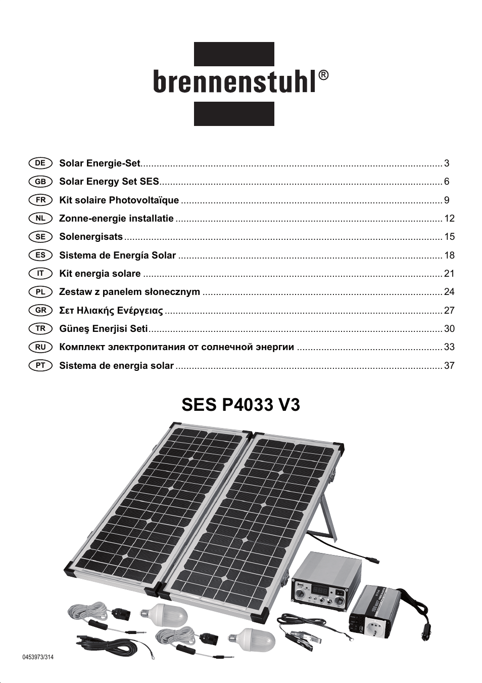 Brennenstuhl Solar Energy Set SES P4033 Solar celltype Mono-crystalline 2x20Wp Panel dimensions 592x 641x25mm Inverter 150W User Manual | 40 pages