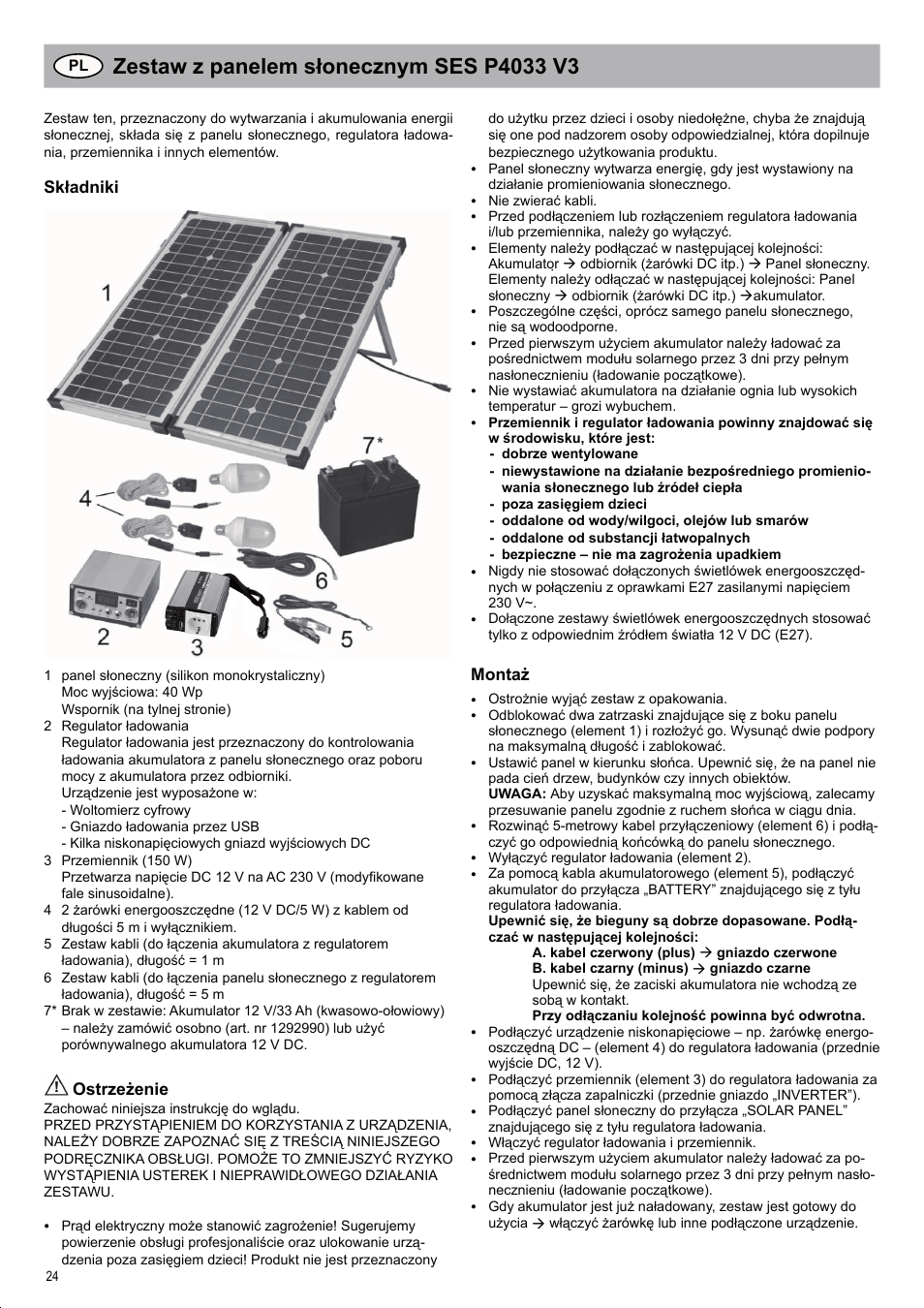 Składniki, Ostrzeżenie, Montaż | Brennenstuhl Solar Energy Set SES P4033 Solar celltype Mono-crystalline 2x20Wp Panel dimensions 592x 641x25mm Inverter 150W User Manual | Page 24 / 40