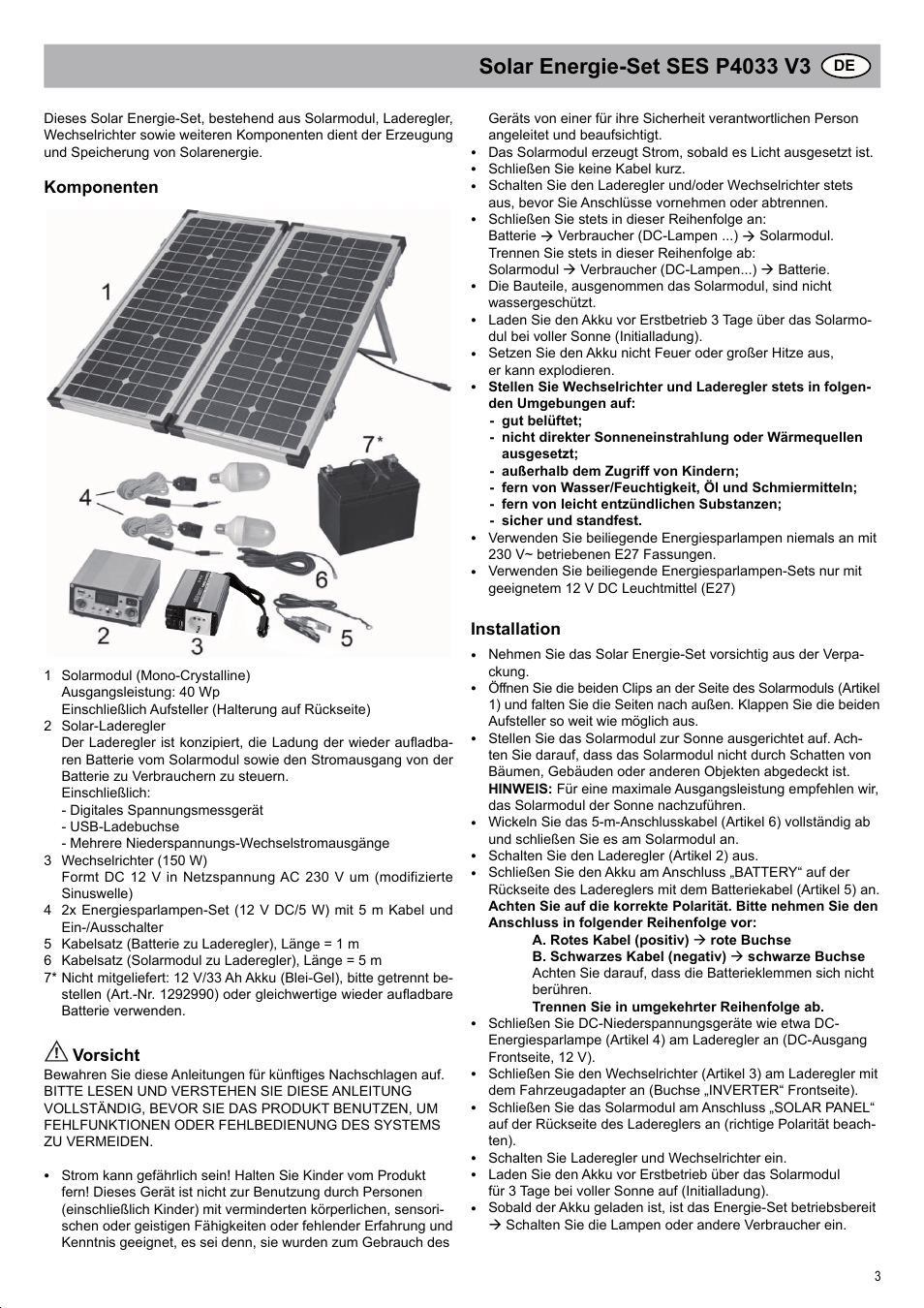 Komponenten, Vorsicht, Installation | Brennenstuhl Solar Energy Set SES P4033 Solar celltype Mono-crystalline 2x20Wp Panel dimensions 592x 641x25mm Inverter 150W User Manual | Page 3 / 40