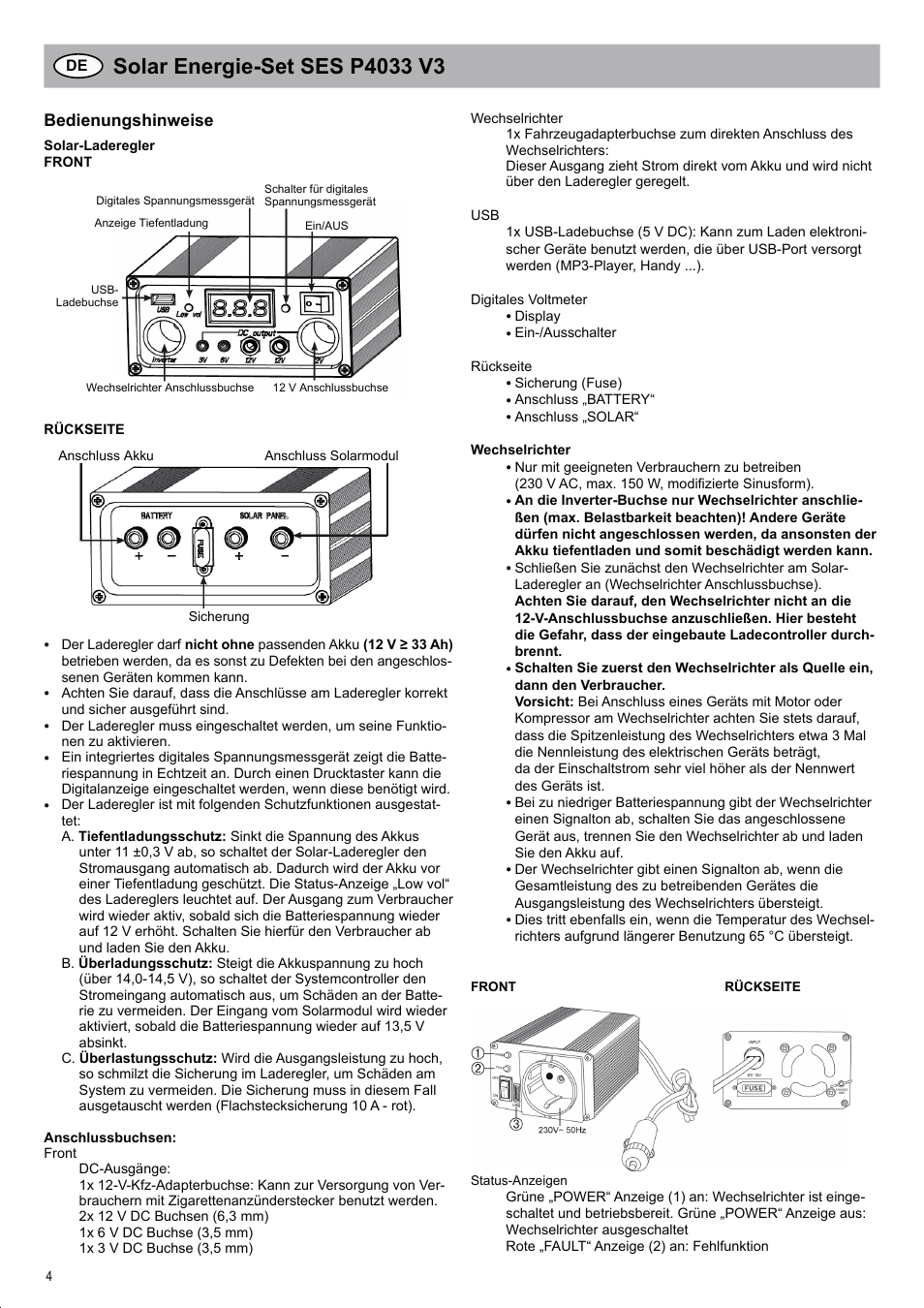 Bedienungshinweise | Brennenstuhl Solar Energy Set SES P4033 Solar celltype Mono-crystalline 2x20Wp Panel dimensions 592x 641x25mm Inverter 150W User Manual | Page 4 / 40