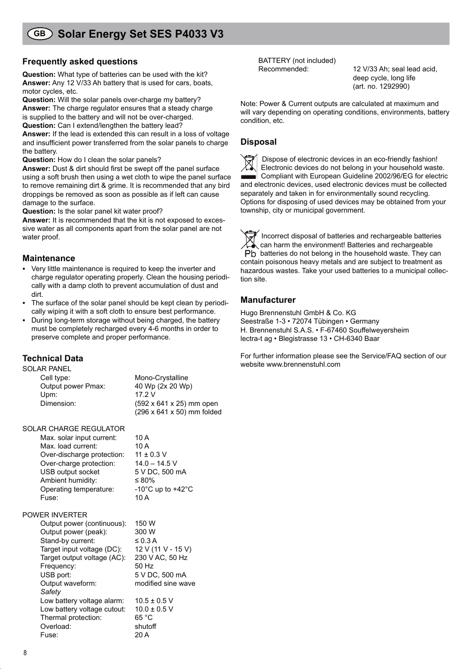 Brennenstuhl Solar Energy Set SES P4033 Solar celltype Mono-crystalline 2x20Wp Panel dimensions 592x 641x25mm Inverter 150W User Manual | Page 8 / 40