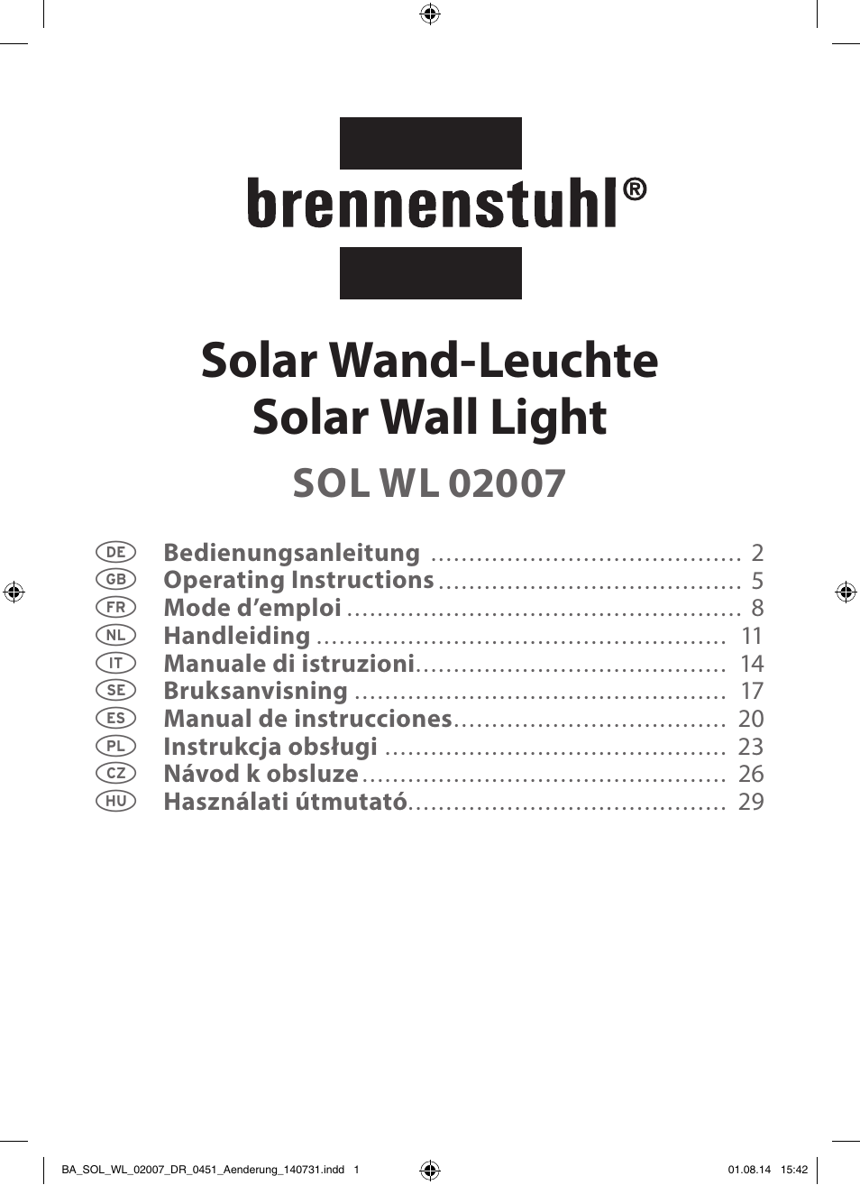 Brennenstuhl Solar LED External Light SOL WL 02007 2xLED 30lm Colour Stainless steel User Manual | 32 pages