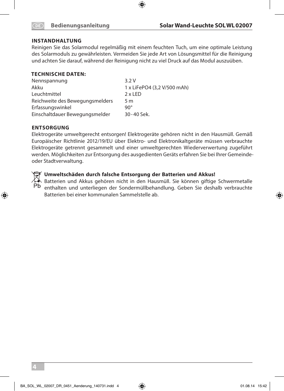 Brennenstuhl Solar LED External Light SOL WL 02007 2xLED 30lm Colour Stainless steel User Manual | Page 4 / 32