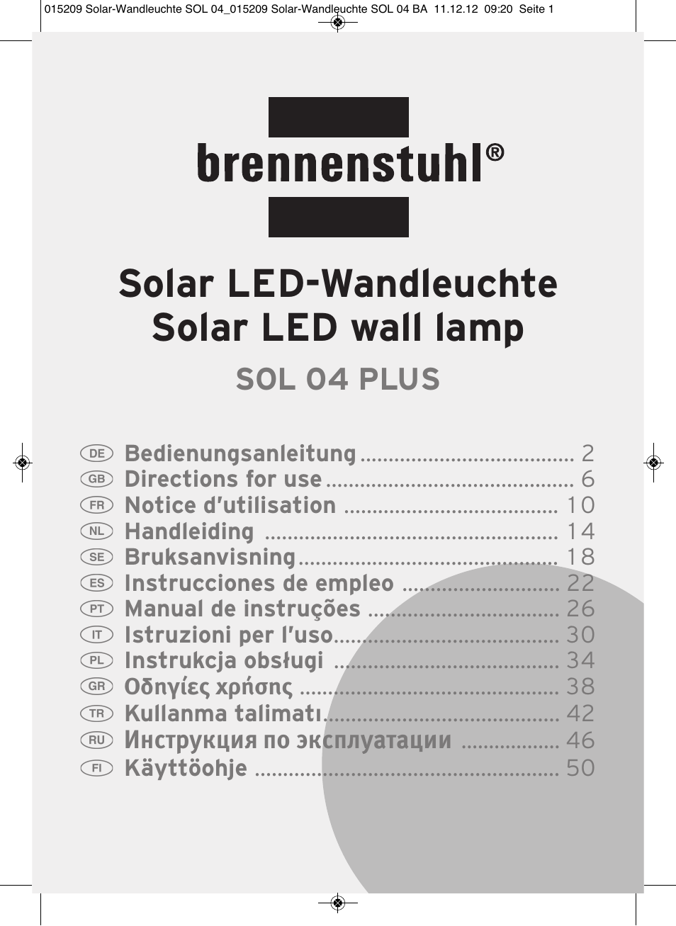 Brennenstuhl Solar LED Wall Lamp SOL 04 plus IP44 with PIR sensor 2xLED 0,5W 85lm Colour Grey white User Manual | 56 pages