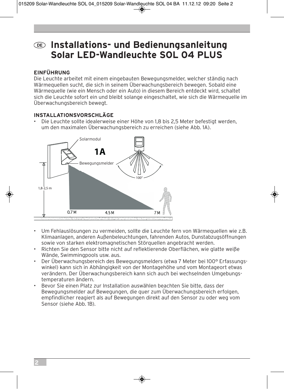Brennenstuhl Solar LED Wall Lamp SOL 04 plus IP44 with PIR sensor 2xLED 0,5W 85lm Colour Grey white User Manual | Page 2 / 56