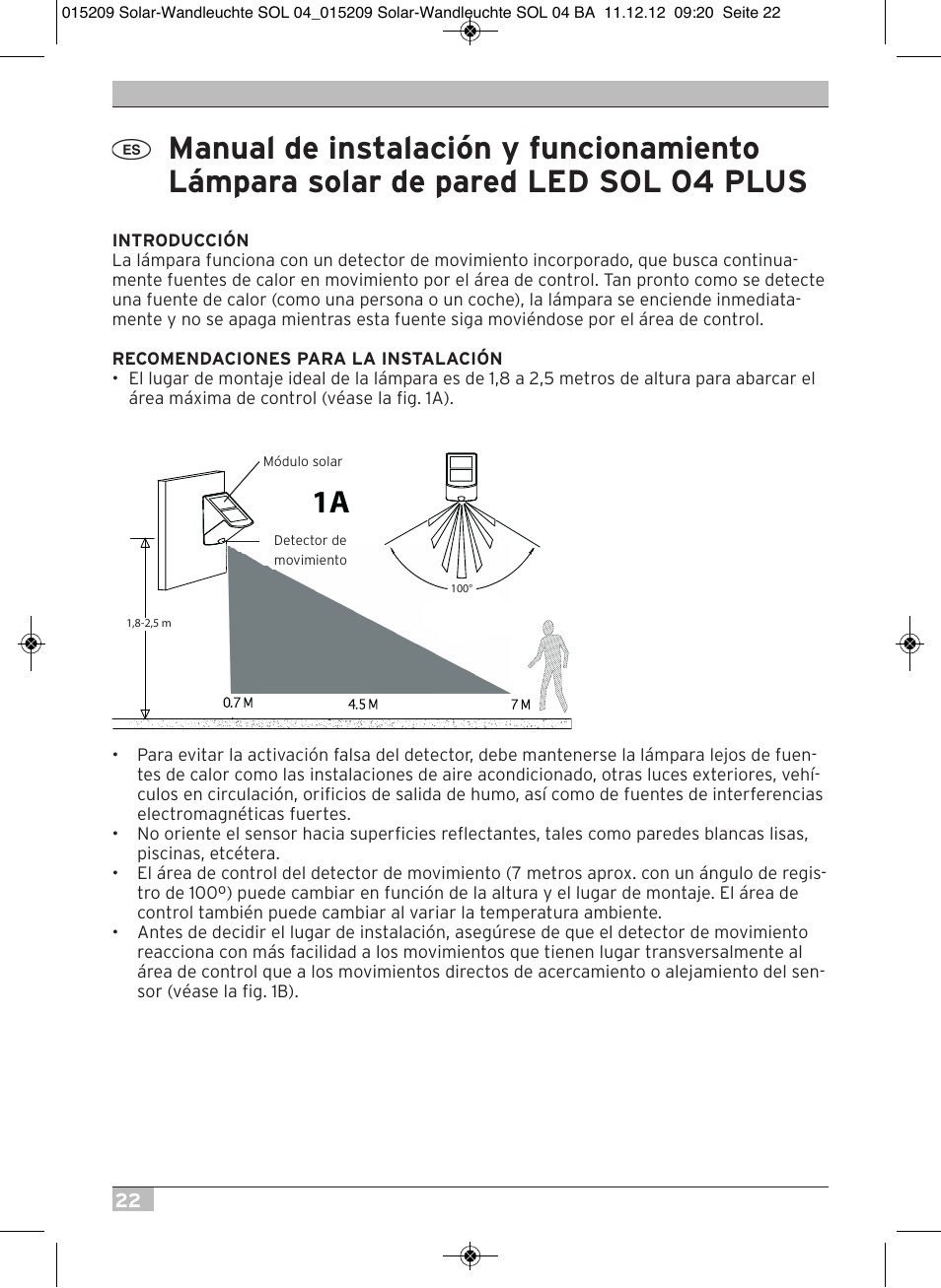 Brennenstuhl Solar LED Wall Lamp SOL 04 plus IP44 with PIR sensor 2xLED 0,5W 85lm Colour Grey white User Manual | Page 22 / 56