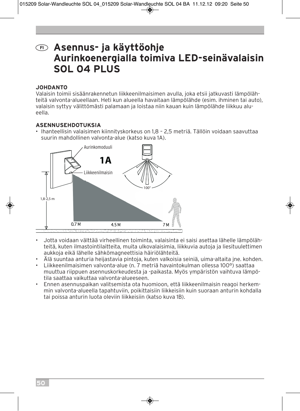 Brennenstuhl Solar LED Wall Lamp SOL 04 plus IP44 with PIR sensor 2xLED 0,5W 85lm Colour Grey white User Manual | Page 50 / 56