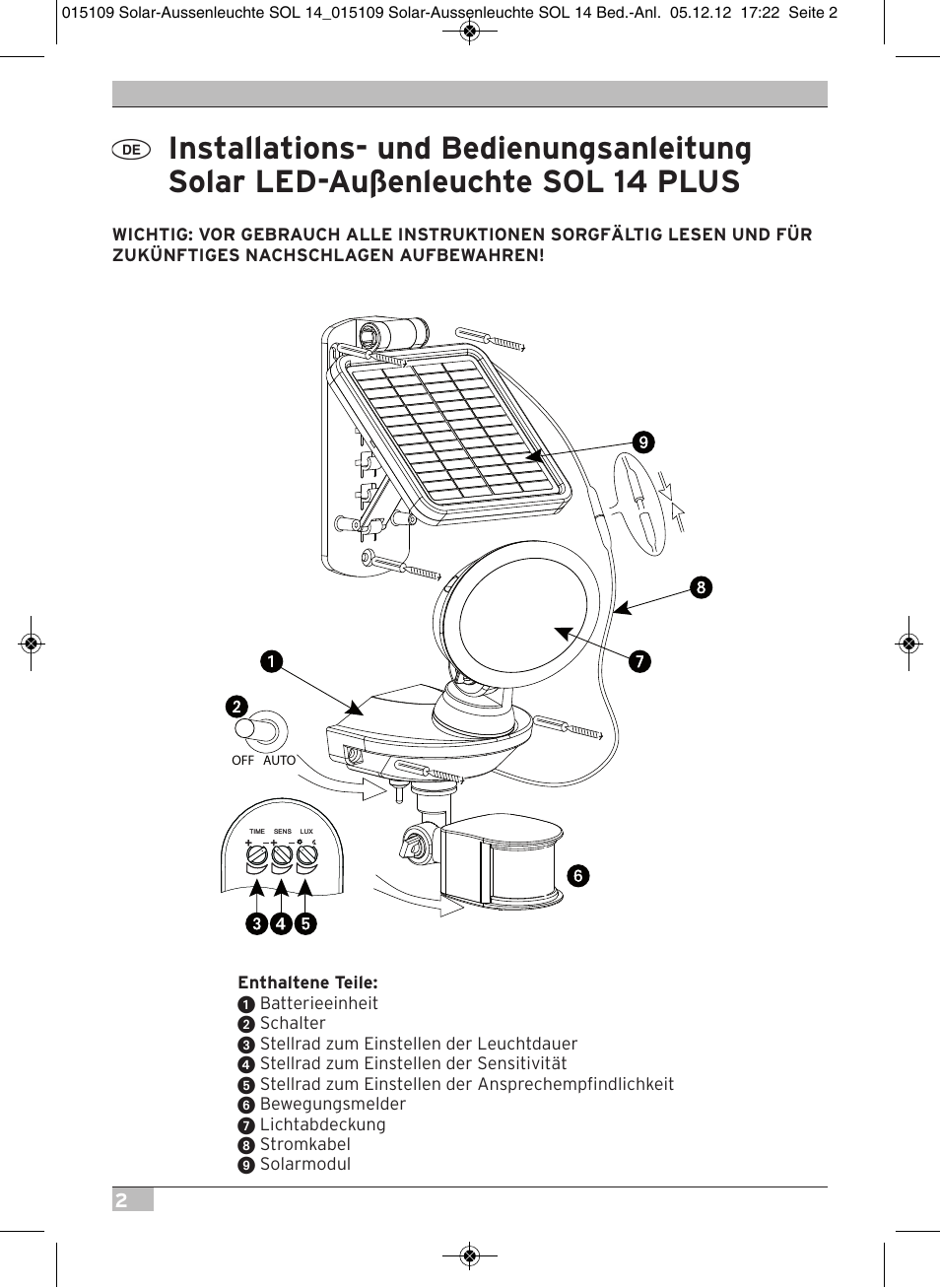 Brennenstuhl Solar LED External Light SOL 14 plus IP44 with PIR sensor 2xLED 0,5W 85lm Cable length 3m Colour Grey white User Manual | Page 2 / 80