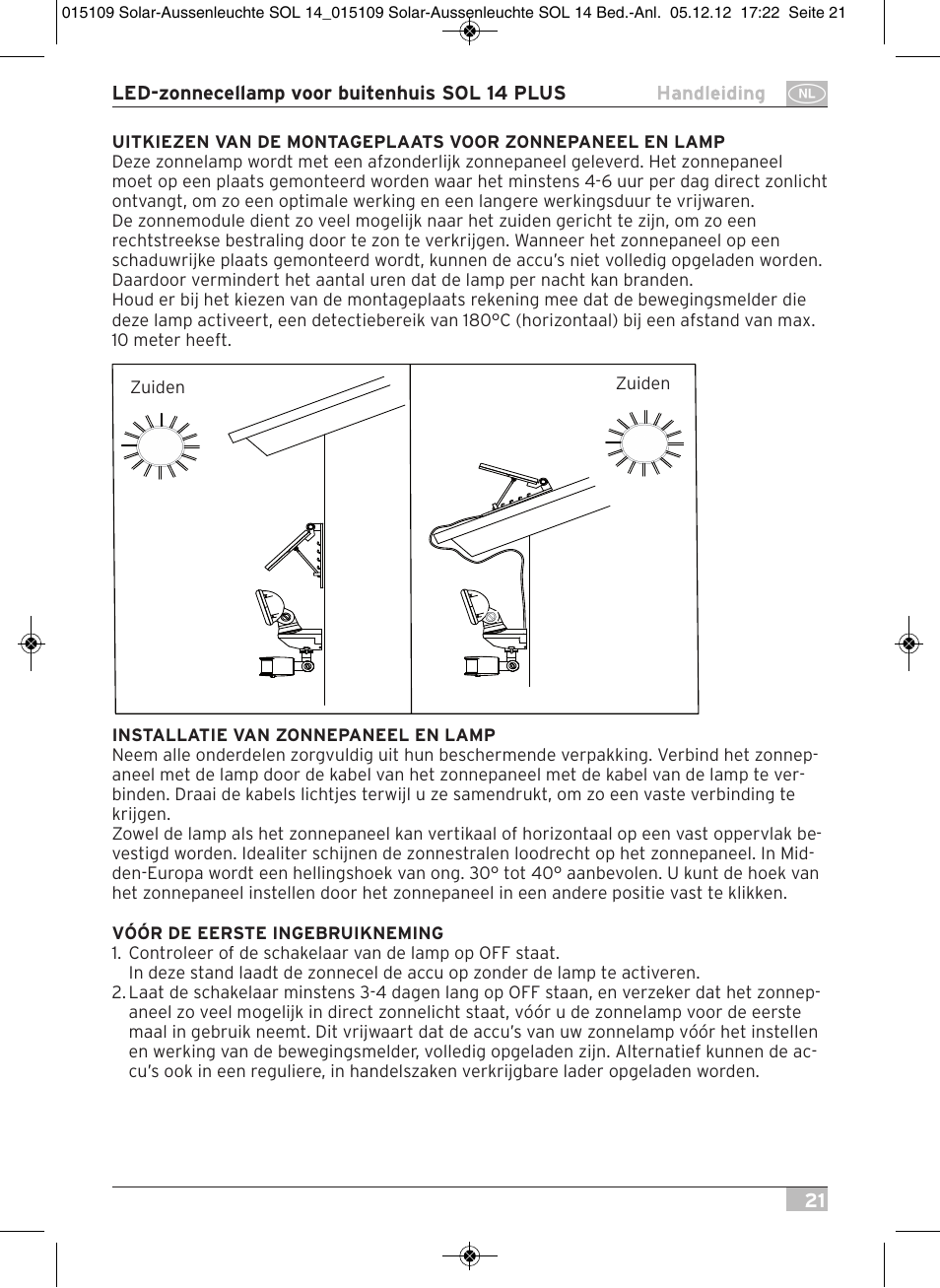 Brennenstuhl Solar LED External Light SOL 14 plus IP44 with PIR sensor 2xLED 0,5W 85lm Cable length 3m Colour Grey white User Manual | Page 21 / 80