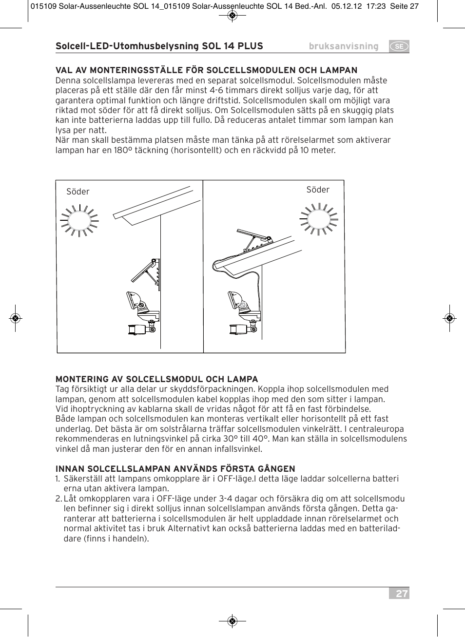 Brennenstuhl Solar LED External Light SOL 14 plus IP44 with PIR sensor 2xLED 0,5W 85lm Cable length 3m Colour Grey white User Manual | Page 27 / 80