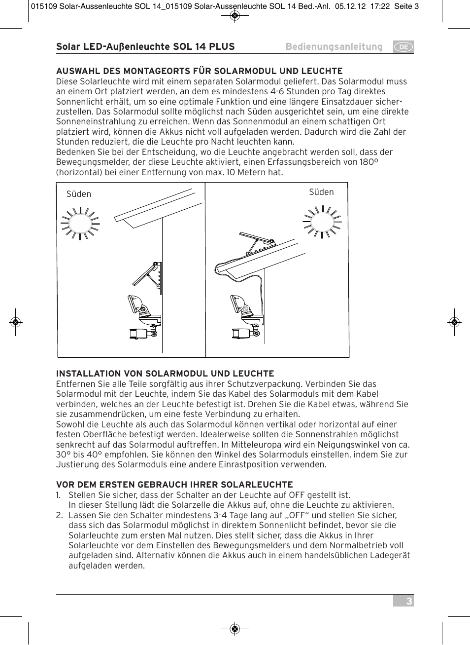Brennenstuhl Solar LED External Light SOL 14 plus IP44 with PIR sensor 2xLED 0,5W 85lm Cable length 3m Colour Grey white User Manual | Page 3 / 80