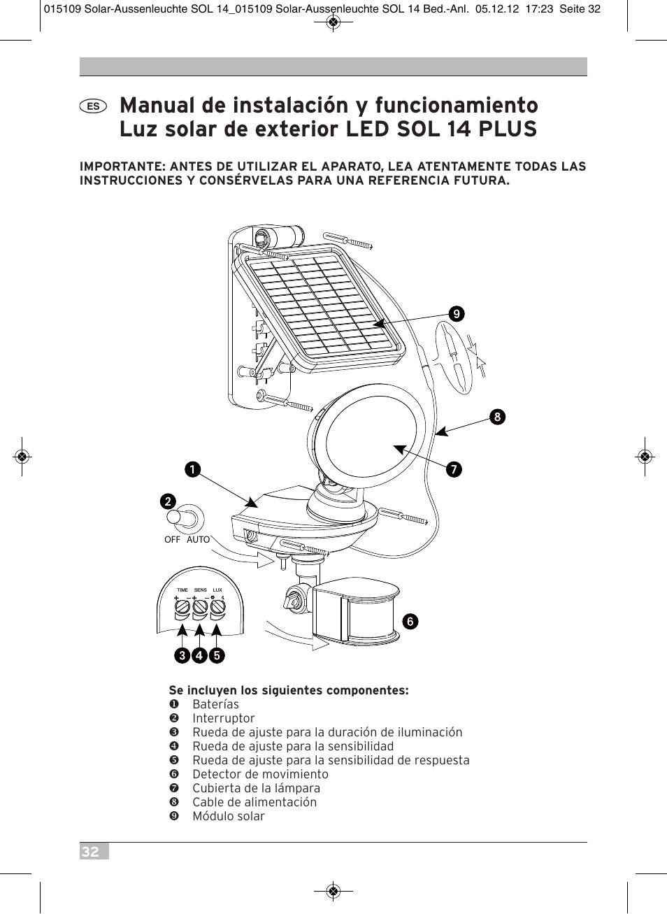 Brennenstuhl Solar LED External Light SOL 14 plus IP44 with PIR sensor 2xLED 0,5W 85lm Cable length 3m Colour Grey white User Manual | Page 32 / 80