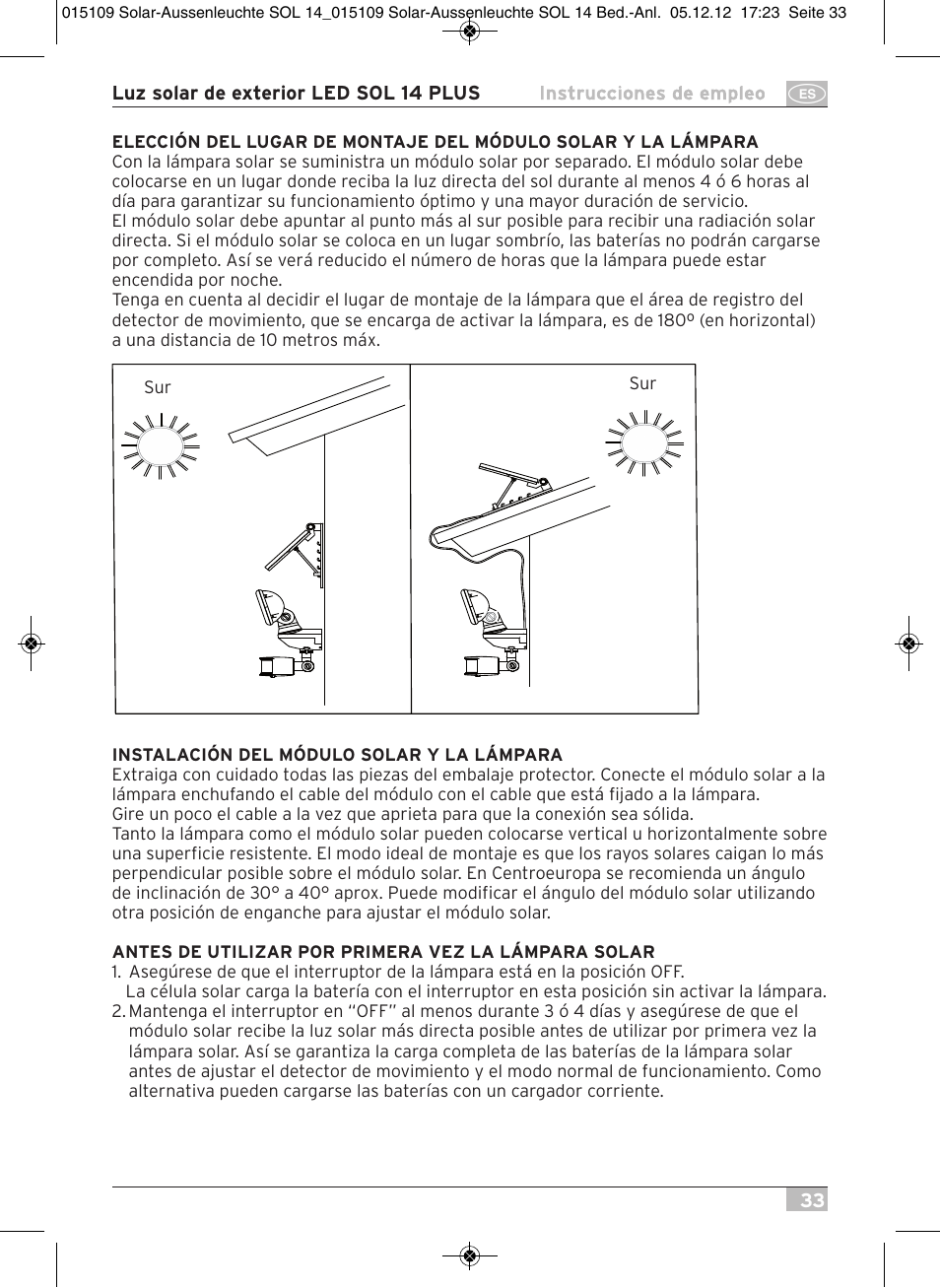 Brennenstuhl Solar LED External Light SOL 14 plus IP44 with PIR sensor 2xLED 0,5W 85lm Cable length 3m Colour Grey white User Manual | Page 33 / 80