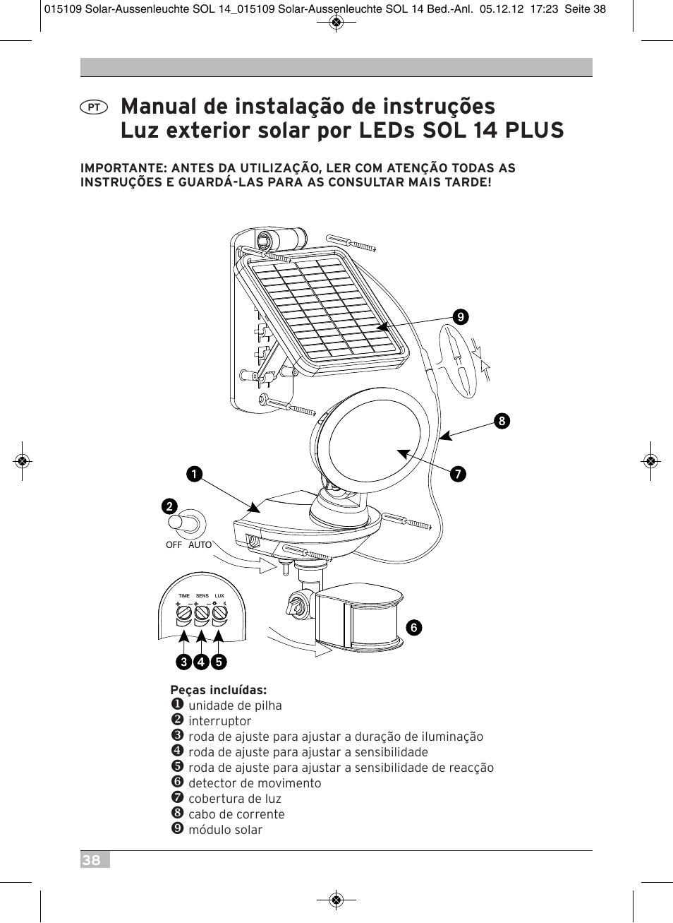 Brennenstuhl Solar LED External Light SOL 14 plus IP44 with PIR sensor 2xLED 0,5W 85lm Cable length 3m Colour Grey white User Manual | Page 38 / 80