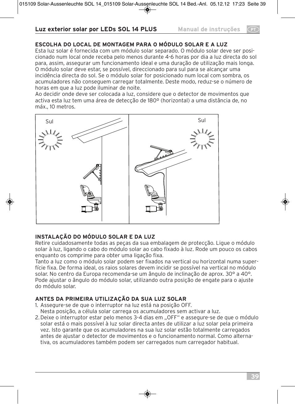 Brennenstuhl Solar LED External Light SOL 14 plus IP44 with PIR sensor 2xLED 0,5W 85lm Cable length 3m Colour Grey white User Manual | Page 39 / 80