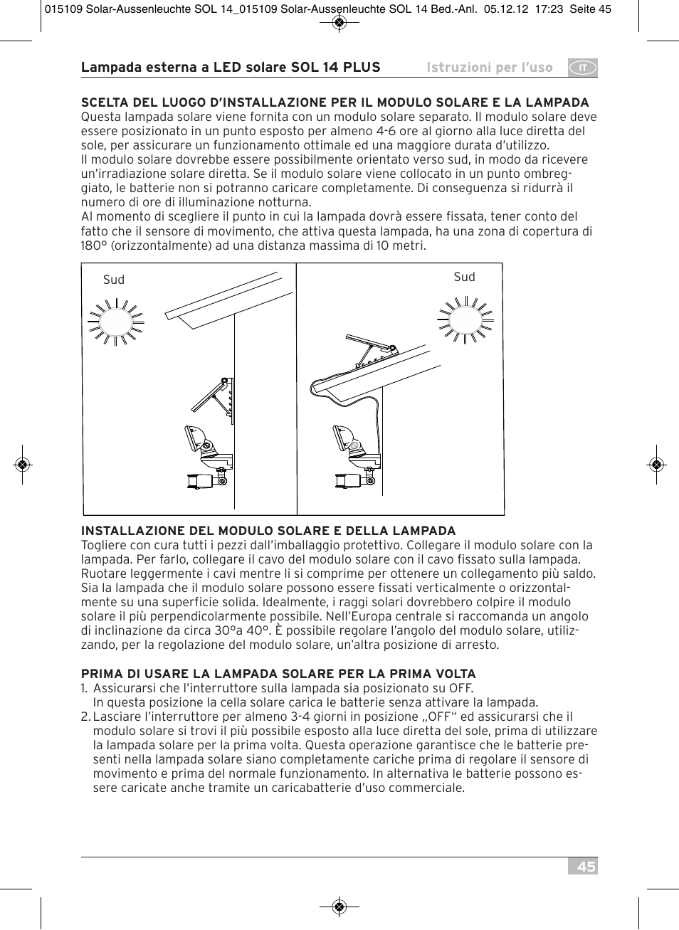 Brennenstuhl Solar LED External Light SOL 14 plus IP44 with PIR sensor 2xLED 0,5W 85lm Cable length 3m Colour Grey white User Manual | Page 45 / 80