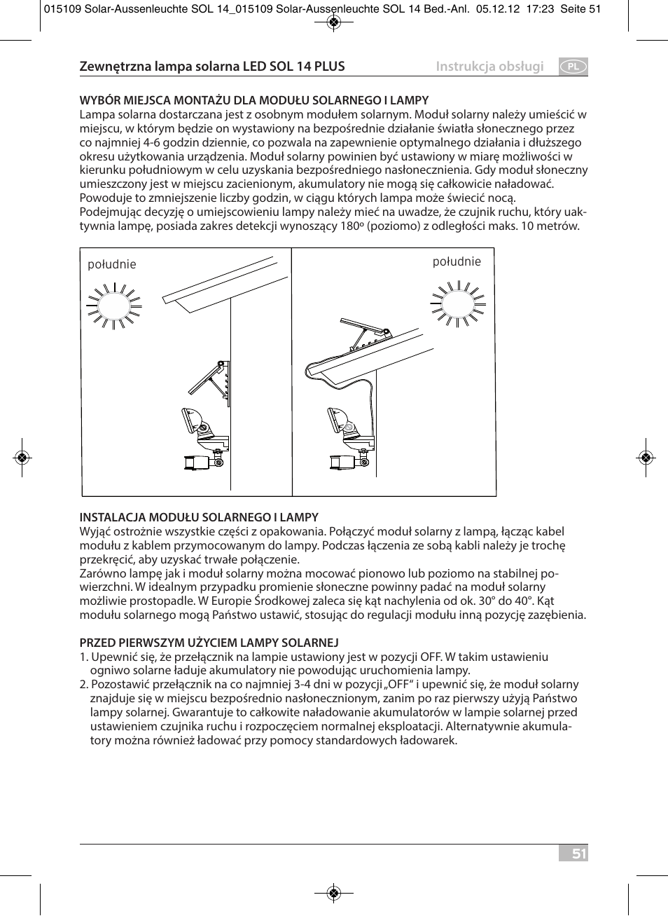 Brennenstuhl Solar LED External Light SOL 14 plus IP44 with PIR sensor 2xLED 0,5W 85lm Cable length 3m Colour Grey white User Manual | Page 51 / 80