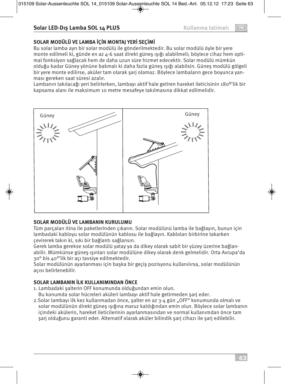 Brennenstuhl Solar LED External Light SOL 14 plus IP44 with PIR sensor 2xLED 0,5W 85lm Cable length 3m Colour Grey white User Manual | Page 63 / 80