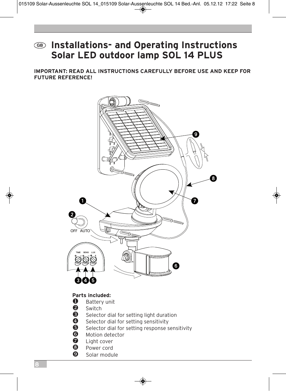 Brennenstuhl Solar LED External Light SOL 14 plus IP44 with PIR sensor 2xLED 0,5W 85lm Cable length 3m Colour Grey white User Manual | Page 8 / 80