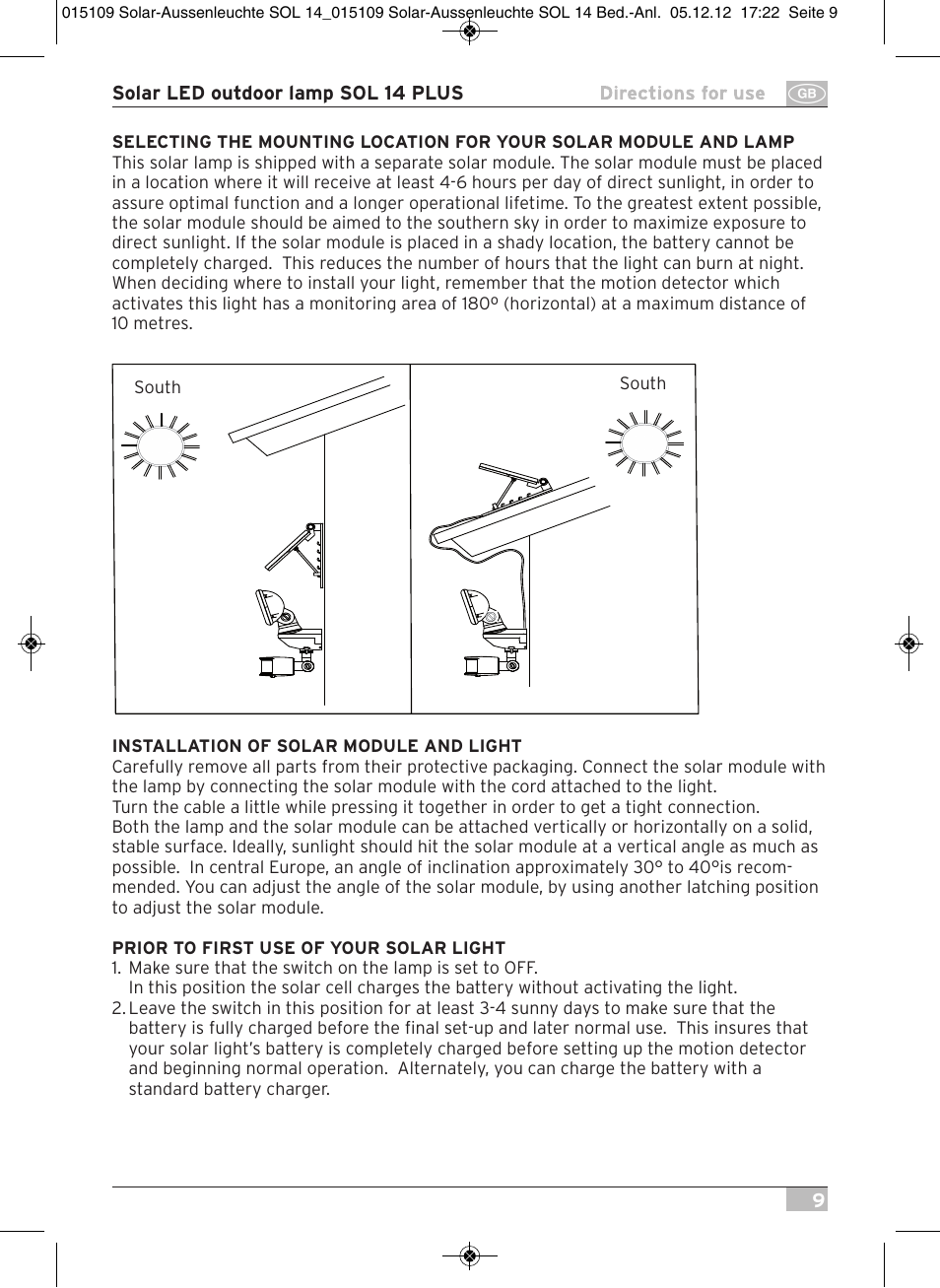 Brennenstuhl Solar LED External Light SOL 14 plus IP44 with PIR sensor 2xLED 0,5W 85lm Cable length 3m Colour Grey white User Manual | Page 9 / 80