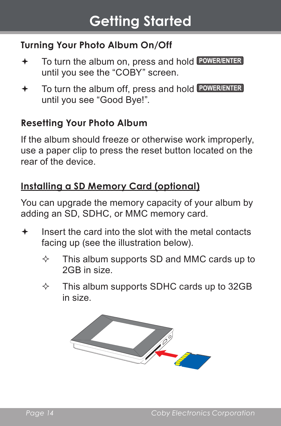 Turning your photo album on/off, Resetting your photo album, Installing a sd memory card (optional) | Getting started | COBY electronic DP-240 User Manual | Page 14 / 33