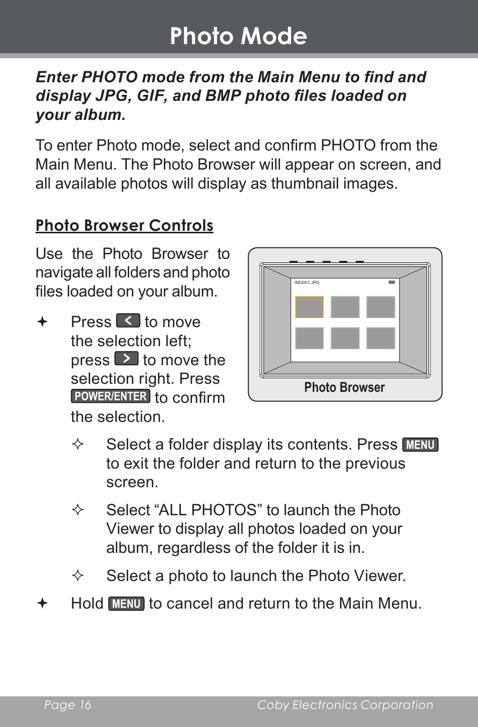 Photo mode, Photo browser controls | COBY electronic DP-240 User Manual | Page 16 / 33